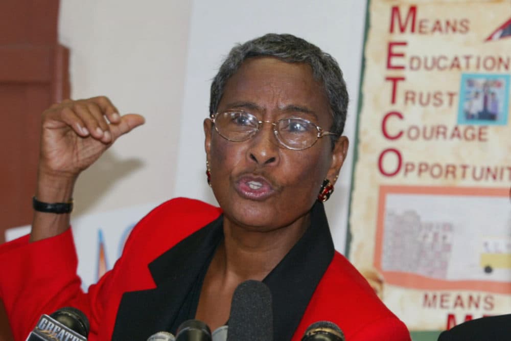 Jean McGuire, then executive director of METCO, speak at a news conference, Oct. 7, 2003, in Boston. (Julia Malakie/AP File)
