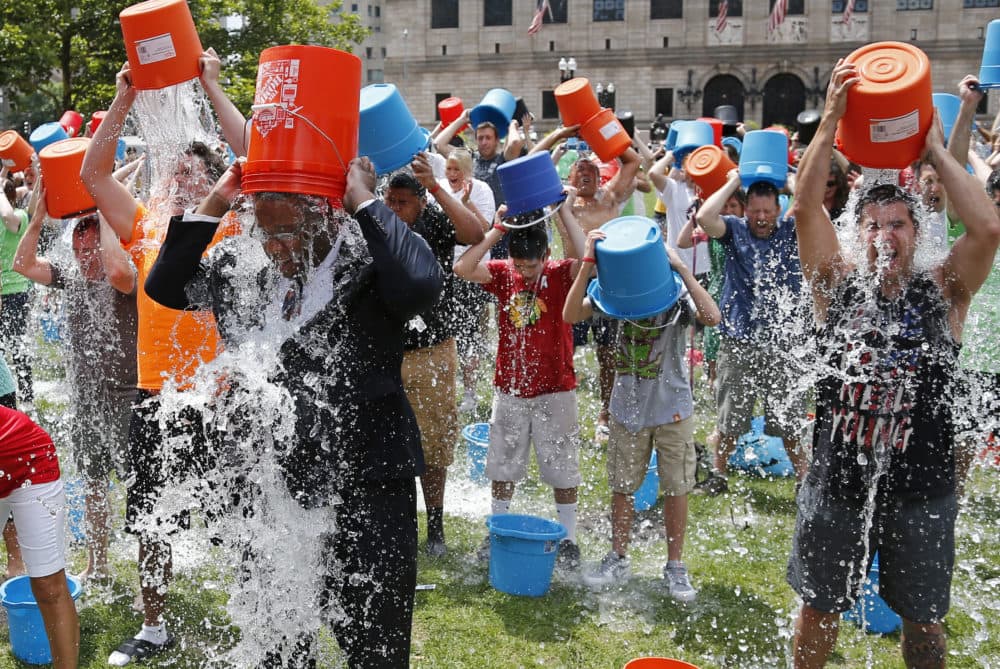 Boston City Councillor Tito Jackson, left in suit, leads some 200 people in the ice bucket challenge at Boston's Copley Square. (Elise Amendola/AP)