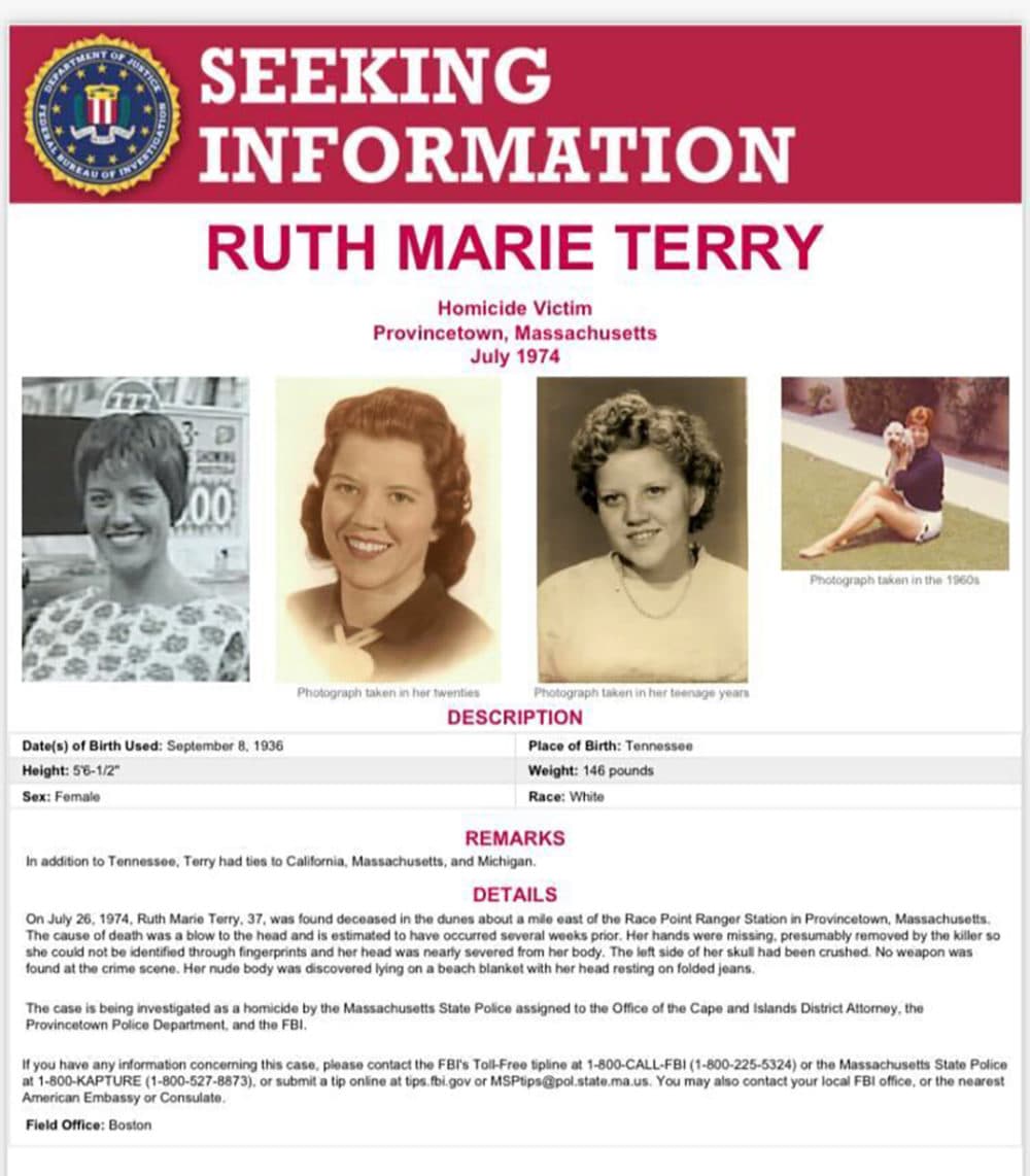 In this 1974 image provided by the FBI is a poster seeking information for homicide victim Ruth Marie Terry. The woman was identified on Monday, Oct. 31, 2022, as Ruth Marie Terry of Tennessee, who was 37 years old when she was killed. (FBI via AP)