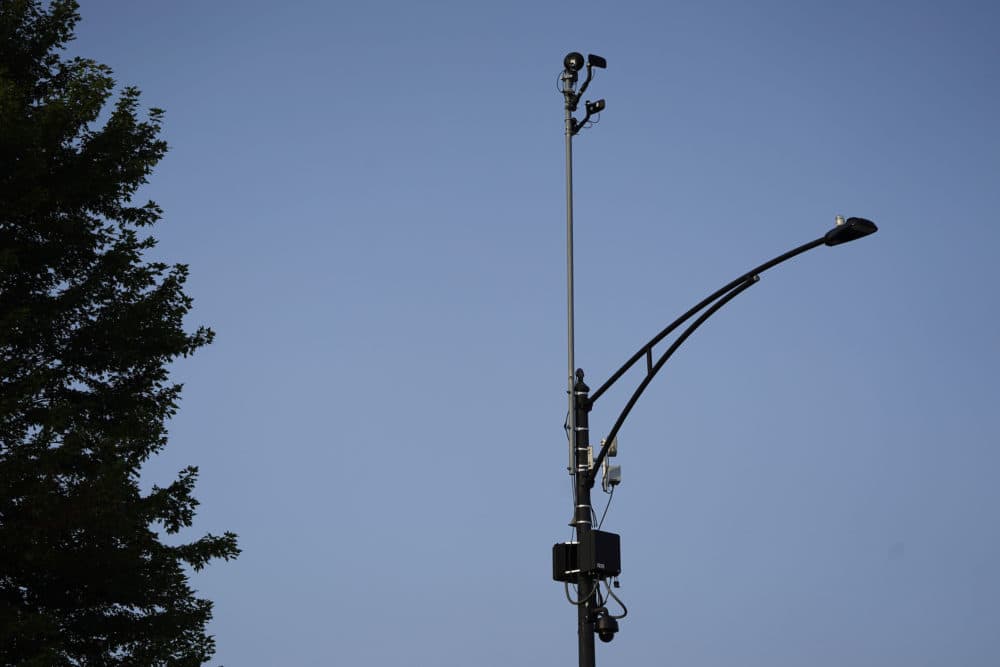 ShotSpotter equipment overlooks an intersection in Chicago in 2021. (Charles Rex Arbogast/AP)