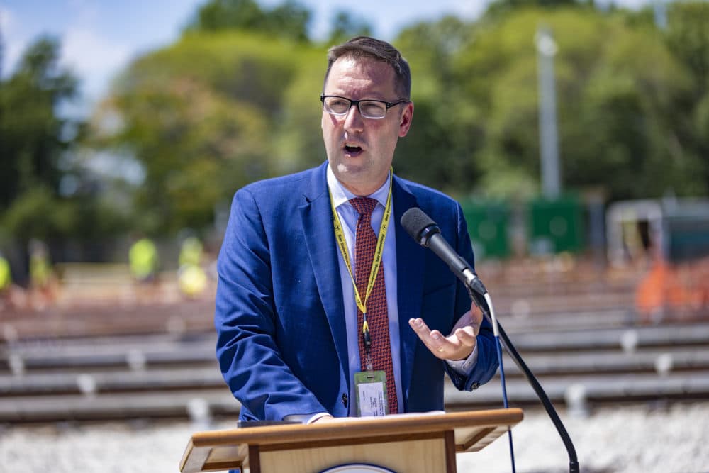 MBTA General Manager Steve Poftak during a press conference in August 2022 at the Wellington train yard in Medford. (Jesse Costa/WBUR)