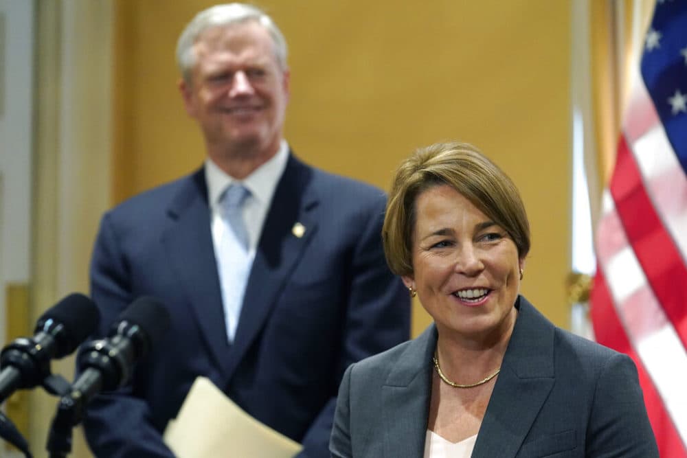 Hours after she was elected governor of the state Healey met with Baker at the Statehouse to discuss the upcoming transfer of power. (AP Photo/Steven Senne)
