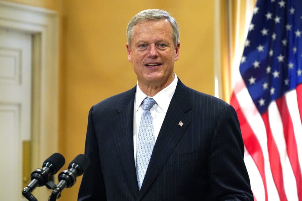 Republican Mass. Gov. Charlie Baker speaks with reporters during a news conference, Nov. 9, 2022, at the State House in Boston. (Steven Senne/AP)