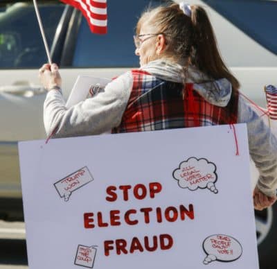 Woman with protest sign reading &quot;stop election fraud&quot; while holding a U.S. flag on January 16, 2021. (Ty O'Neil/SOPA Images/LightRocket via Getty Images)