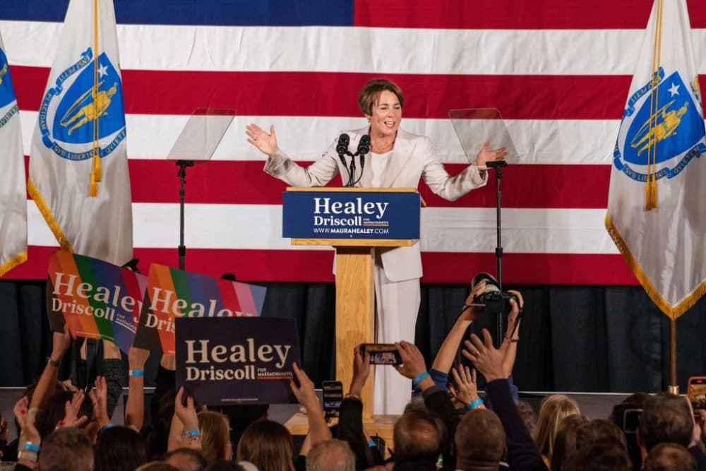 Democratic Massachusetts Governor Elect Maura Healey celebrates victory and delivers a speech during a watch party at the Copley Plaza hotel on election night in Boston, Massachusetts on Nov. 8, 2022. (Joseph Prezioso/AFP via Getty Images)