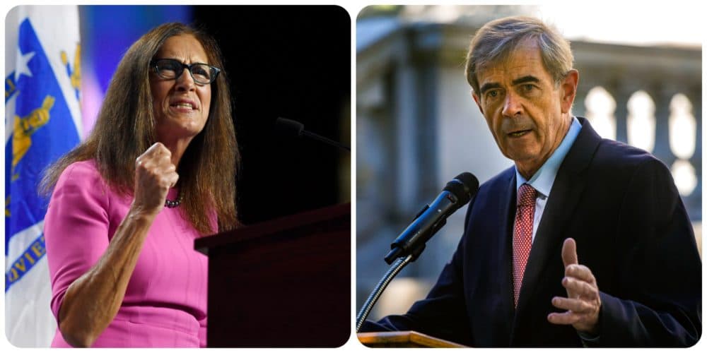 Left, Treasurer Deborah Goldberg speaks in 2019. Left, Secretary of State William Galvin speaks in 2020. (Jessica Hill/AP and Jesse Costa/WBUR)