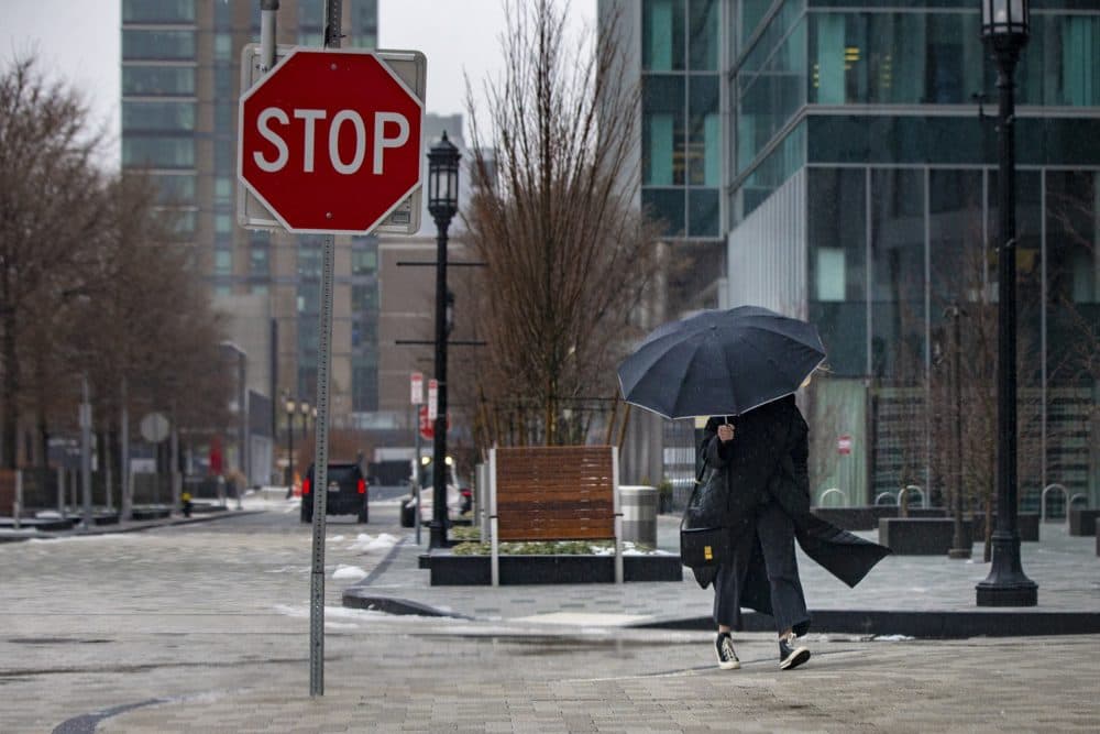 A woman with an umbrella walks down Marina Park Drive in the /Seaport during a storm. (Jesse Costa/WBUR)