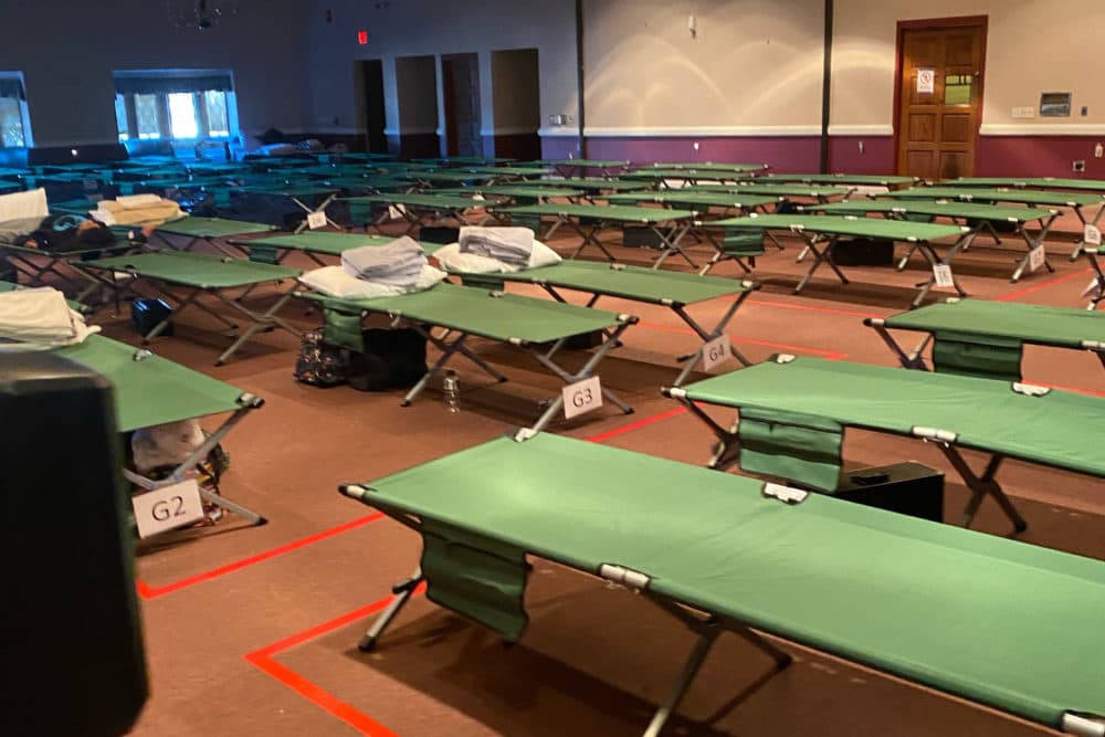 Cots at the Bob Eisengrein Community Center in Devens, which has been converted into a temporary family shelter. (Courtesy Adam Hoole)