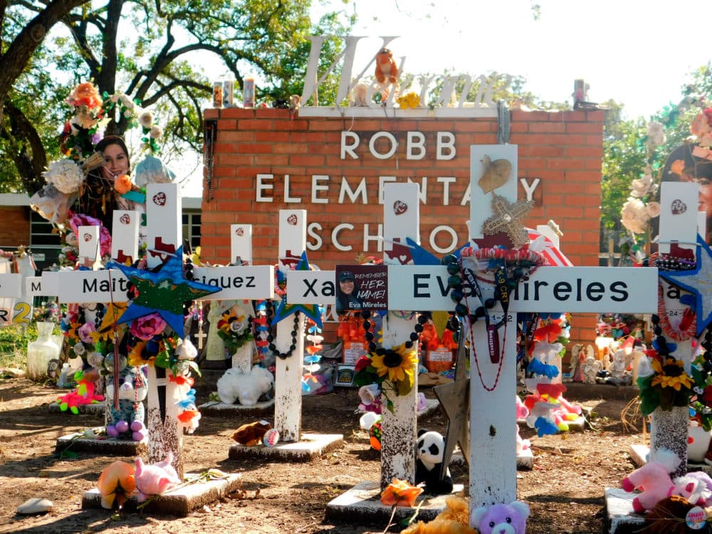 A memorial for the 19 children and two teachers killed in the May shooting sits outside of Robb Elementary. (Acacia Coronado/AP)