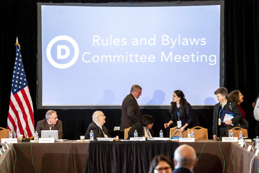 The Democratic National Committee Rules and Bylaws Committee discuss proposed changes to the primary system during a meeting at the Omni Shoreham Hotel on Dec. 2, 2022, in Washington. (Nathan Howard/AP)
