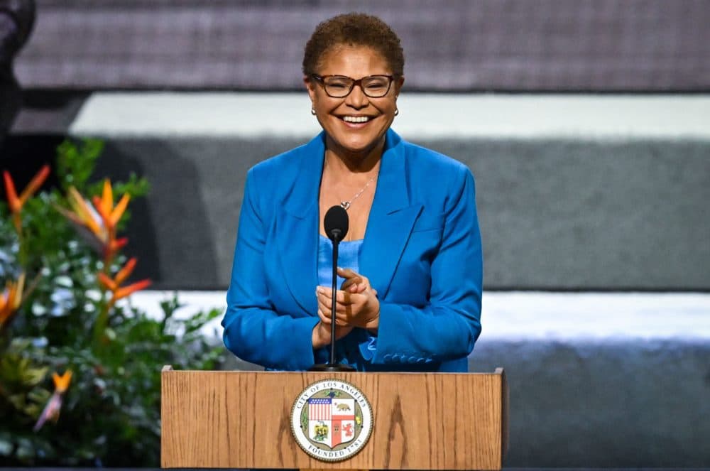 Karen Bass (L) speaks after being sworn in as the Mayor of Los Angeles by U.S. Vice President Kamala Harris during her inauguration at LA Live in Los Angeles, California, on Dec. 11, 2022. (Frederic J. Brown/AFP via Getty Images)
