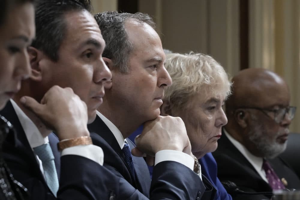 Adam Schiff (C) (D-CA) listens to testimony with other committee members during a hearing on the January 6th investigation in the Cannon House Office Building on Oct. 13, 2022 in Washington, DC. The bipartisan committee, in possibly its final hearing, has been gathering evidence for almost a year related to the January 6 attack at the U.S. Capitol. (Drew Angerer/Getty Images)