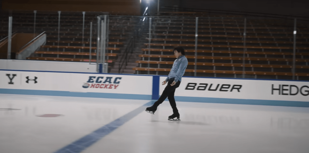 Screenshot of Olympic gold medalist Nathan Chen performing to the new acoustic version of &quot;Hold Me Closer.&quot;