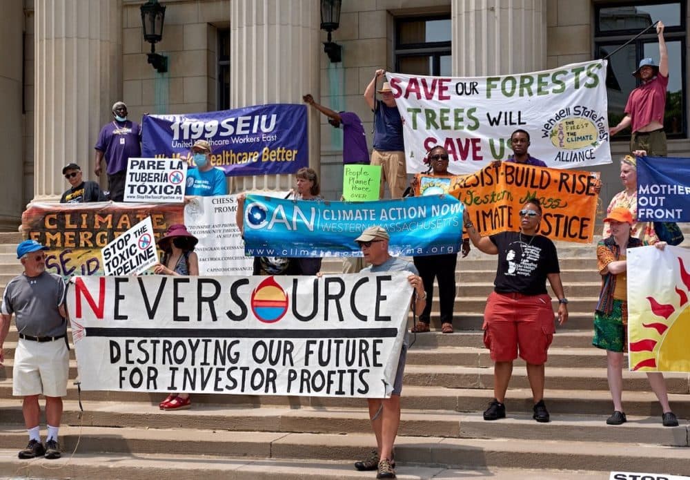 Residents protest the pipeline project on the steps of Springfield City Hall on May 31, 2022. (Courtesy Rene Theberge)