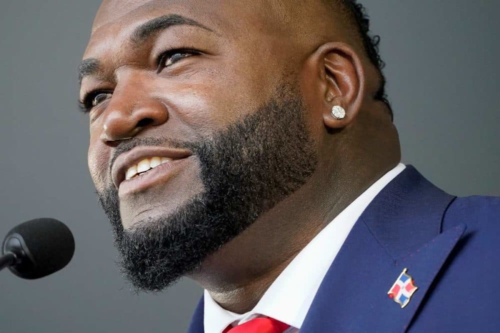 David Ortiz, formerly of the Boston Red Sox, speaks during the National Baseball Hall of Fame induction ceremony on July 24, 2022. (John Minchillo/AP)