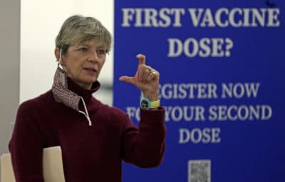 Secretary of Health and Human Services Marylou Sudders speaks at a COVID-19 vaccine site at the Natick Mall on Feb. 24, 2021, in Natick, Mass. (Matt Stone/The Boston Herald via AP, Pool)