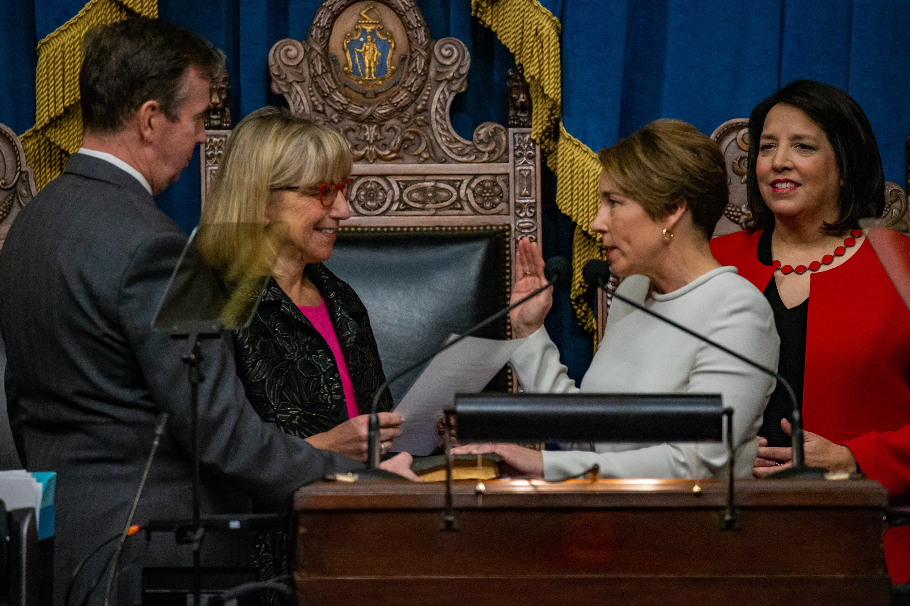 Maura Healey takes the oath of office to become governor of Massachusetts. (Jesse Costa/WBUR)