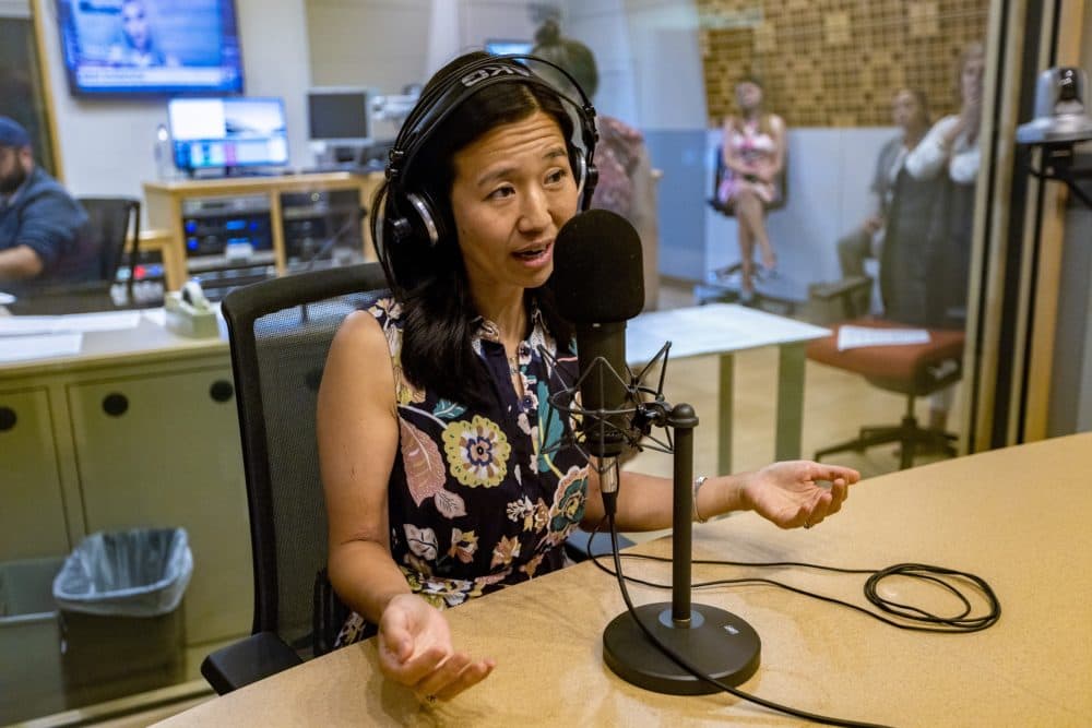 Boston Mayor Michelle Wu speaks on air during an interview on WBUR's Radio Boston. (Jesse Costa/WBUR file photo)