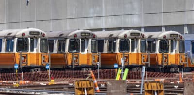 Older MBTA Orange Line cars at the Wellington train yard in Medford after announcing the shutdown of the MBTA Orange Line.  (Jesse Costa/WBUR)
