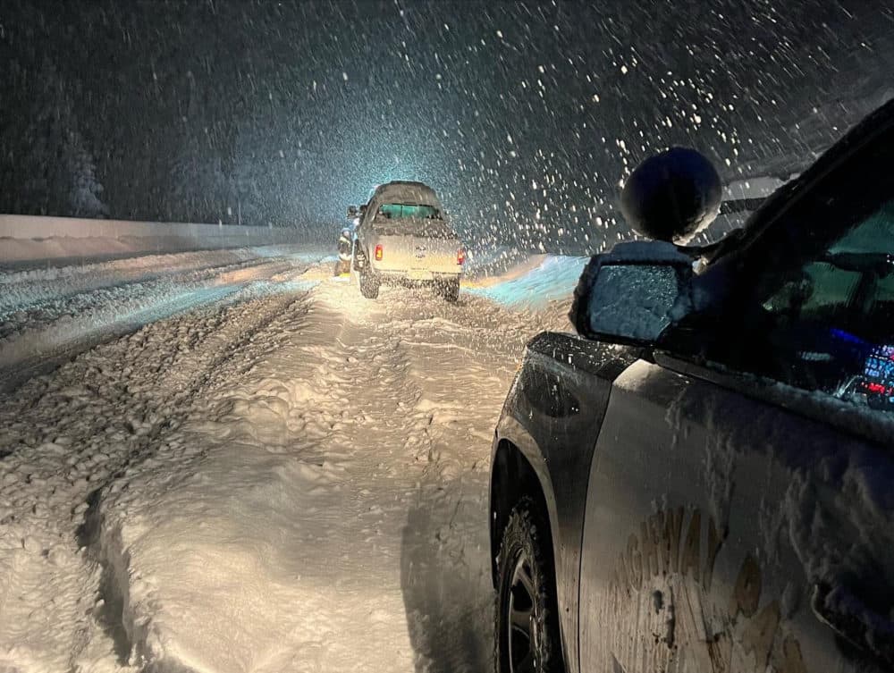 Vehicles are stranded along Interstate 80 at the Nevada State line and Colfax, Calif. (California Highway Patrol Truckee/AP)