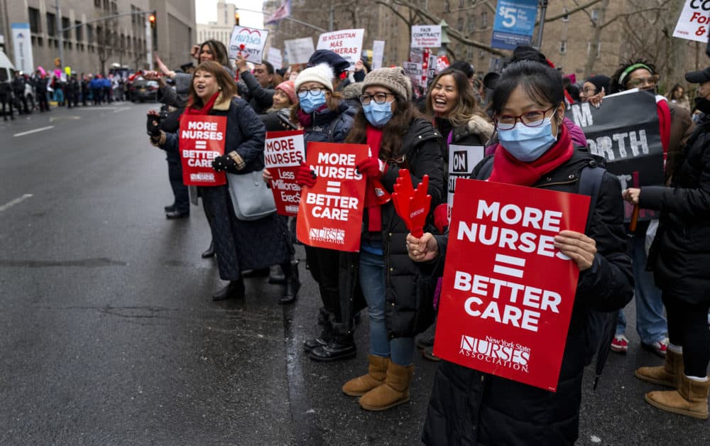 Nurses stage a strike in front of Mt. Sinai Hospital in the Manhattan borough of New York Monday, Jan. 9, 2023, after negotiations broke down hours earlier. (Craig Ruttle/AP)