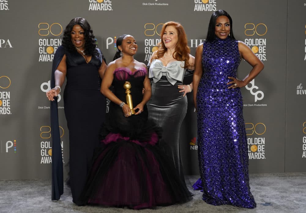 Janelle James, from left, Quinta Brunson, Lisa Ann Walter and Sheryl Lee Ralph pose in the press room with the award for best television series, musical or comedy for &quot;Abbott Elementary.&quot; (Chris Pizzello/AP)