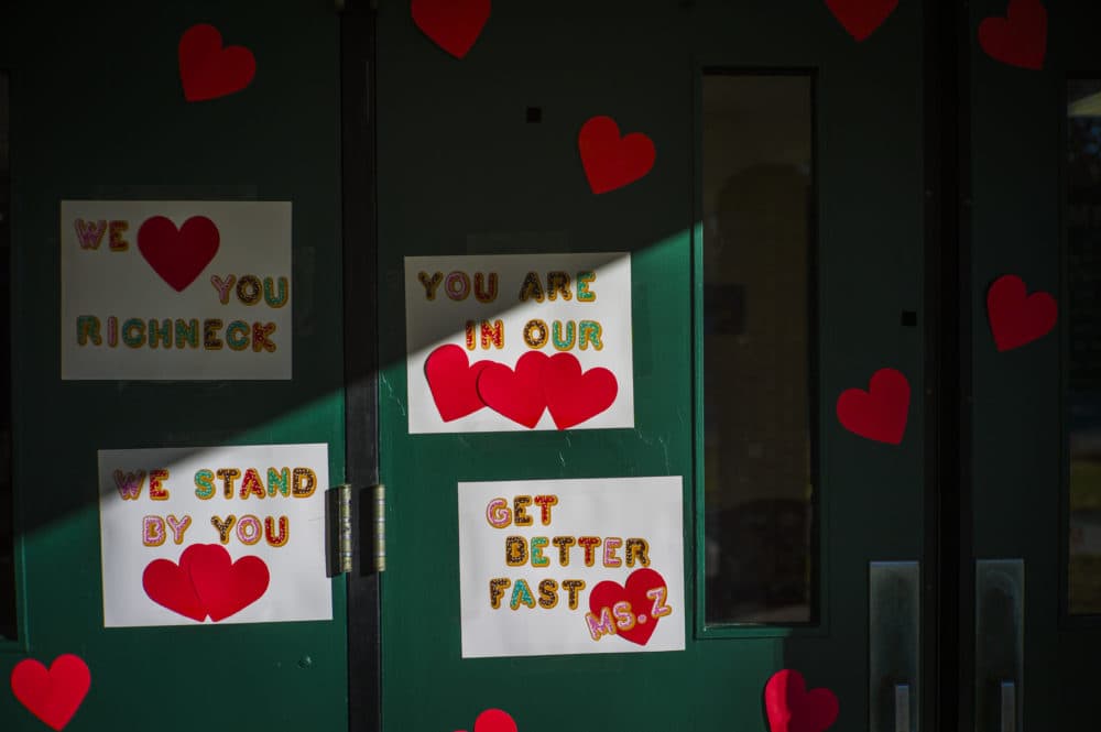 Messages of support for teacher Abby Zwerner, who was shot by a 6-year-old student, grace the front door of Richneck Elementary School. (John C. Clark/AP)