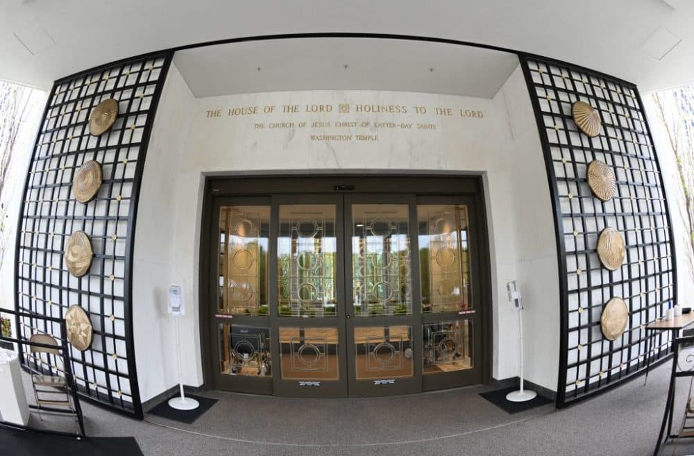 The main entrance of the temple of the Church of Jesus Christ of Latter-Day Saints is seen in Kensington, Maryland, near Washington, DC, April 18, 2022. (EVA HAMBACH/AFP via Getty Images)