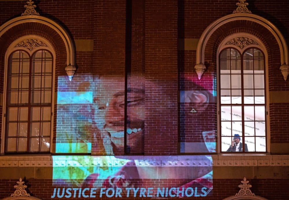 Protesters project an image of Tyre Nichols during rally against the fatal police assault of Tyre Nichols, in Washington, DC, on Jan. 27, 2023. (Andrew Caballero-Reynolds/AFP via Getty Images)