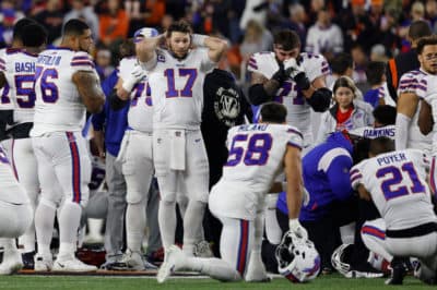 Buffalo Bills players react after teammate Damar Hamlin #3 was injured against the Cincinnati Bengals during the first quarter at Paycor Stadium on January 2, 2023 in Cincinnati, Ohio. (Kirk Irwin/Getty Images)