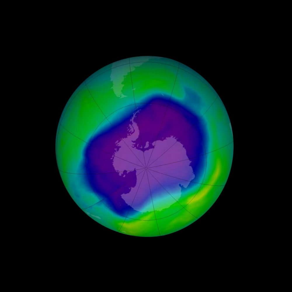 In this image, from September 2006, the Antarctic ozone hole was equal to the record single-day largest area of 11.4 million square miles (29.5 million square kilometres), reached on Sept. 9, 2000. Satellite instruments monitor the ozone layer, and we use their data to create the images that depict the amount of ozone. The blue and purple colours are where there is the least ozone, and the greens, yellows, and reds are where there is more ozone. (Photo by: Universal History Archive/ Universal Images Group via Getty Images)