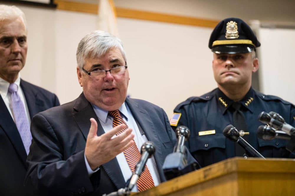 Norfolk District Attorney Michael Morrissey speaks during a news conference at police headquarters in Needham on Feb. 11, 2018. (Keith Bedford/The Boston Globe via Getty Images)