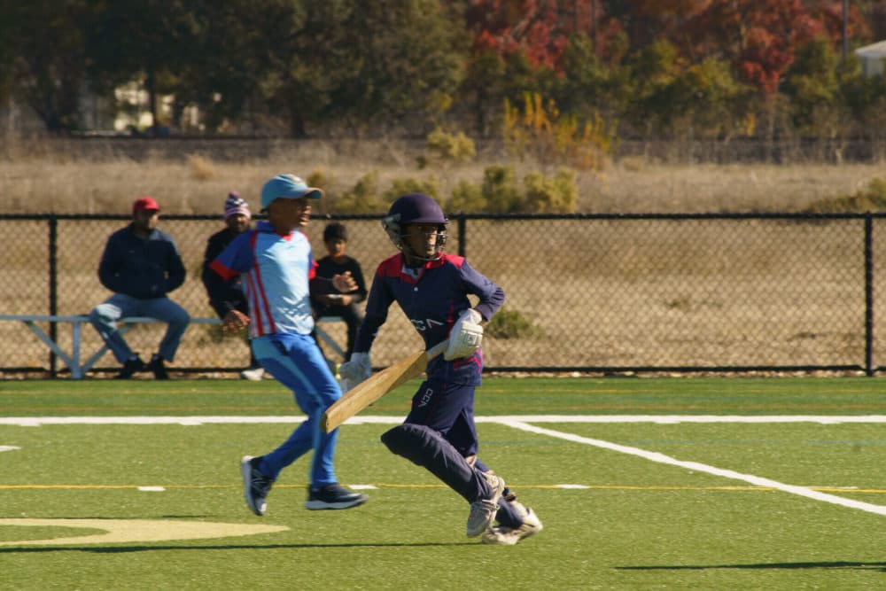 The San Ramon Cricket Association Under-11 team faces off against California Cricket Academy Under-11 during a cricket match in Pleasanton on Nov. 26, 2022. (Aryk Copley/KQED)
