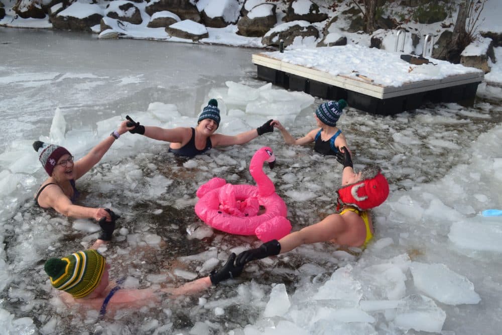 On their first Don't Be an Ice-Hole Day, Kelsy Hartley, Caitlin Hopkins, Kelcy Engstrom, Penny Armstrong, and Betsy Dawkins spent about 2 hours sledgehammering their own dip pool at Crystal Lake in Gray, ME. (Courtesy of Kelsy Hartley and Caitlin Hopkins)