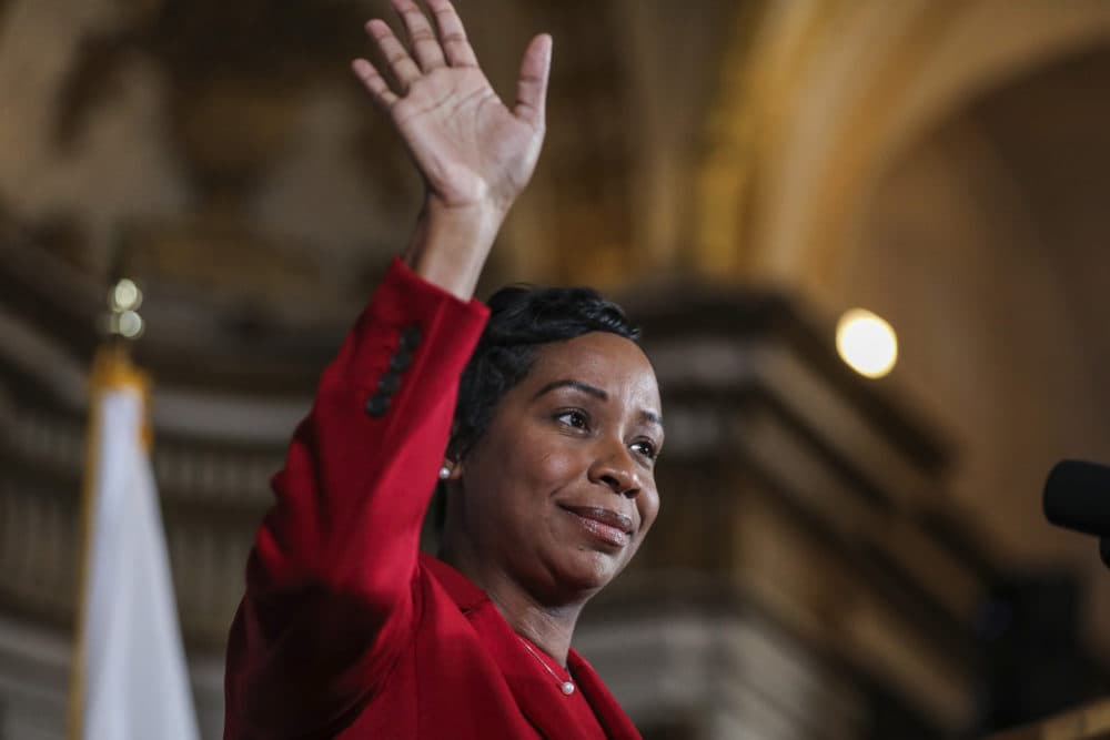 Andrea Campbell, incoming Attorney General, waves to attendees of the Massachusetts Democratic Party's election night gathering inside the Copley Hotel on Nov. 8, 2022. (Erin Clark/The Boston Globe via Getty Images)