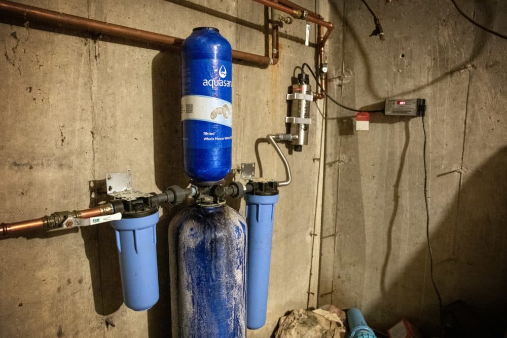 Wendy Thomas's water filtering system in the basement of her home in Merrimack, New Hampshire. (Robin Lubbock/WBUR)