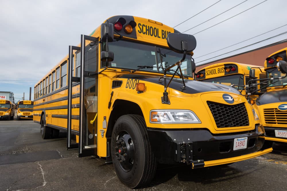 One of the 20 new electric buses being added to the Boston Public Schools' bus fleet. (Jesse Costa/WBUR)