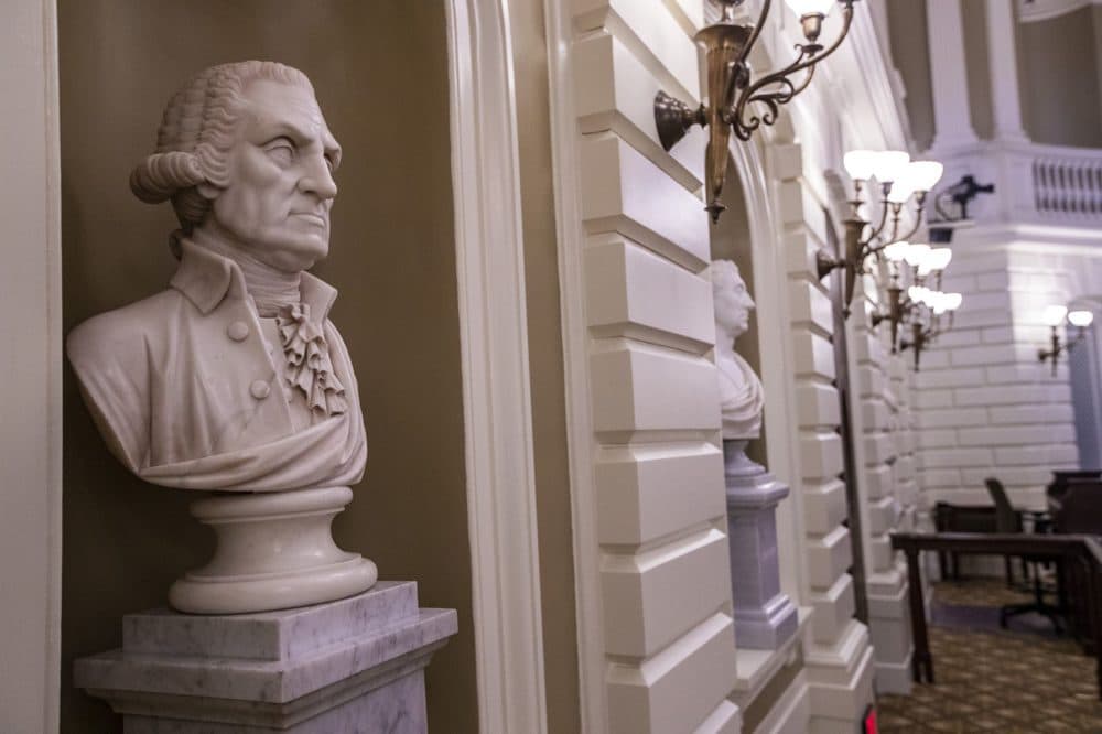 The bust of George Washington in the State House Senate chamber, Feb. 25, 2022. (Jesse Costa/WBUR)