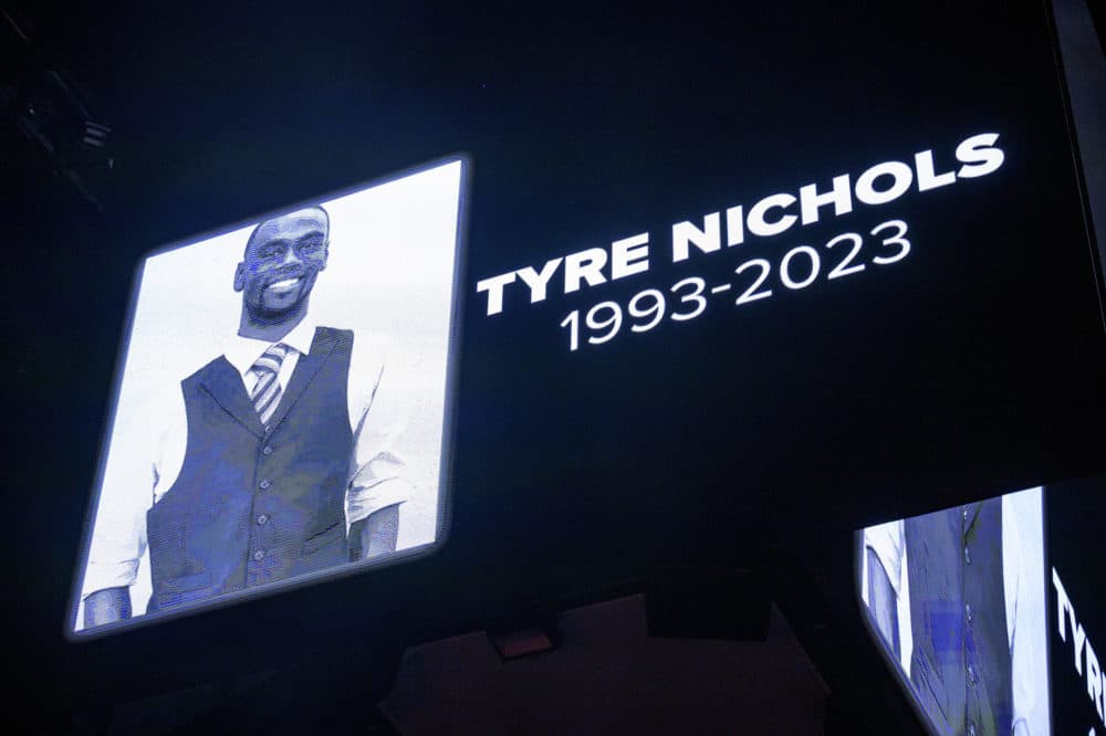 The screen at the Smoothie King Center honors Tyre Nichols before an NBA basketball game between the New Orleans Pelicans and the Washington Wizards in New Orleans, Saturday, Jan. 28, 2023. (Matthew Hinton/AP)
