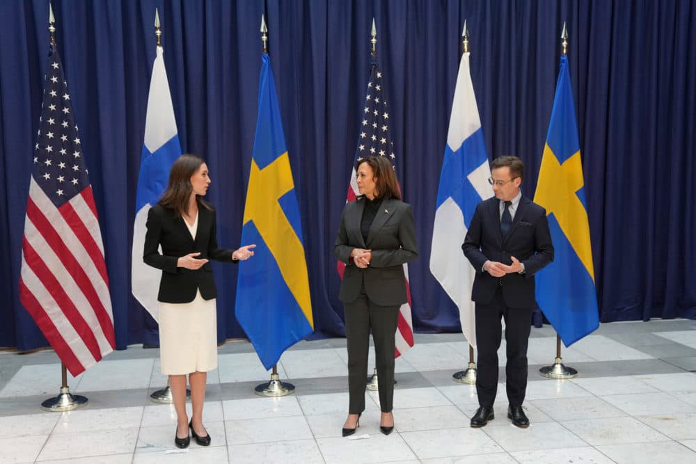 Finland's Prime Minister Sanna Marin, Vice President of the United States Kamala Harris and Sweden's Prime Minister Ulf Kristersson, from left. (Michael Probst/AP)