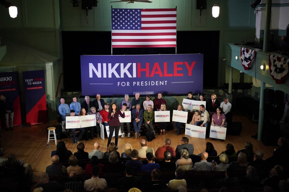 Republican presidential candidate Nikki Haley speaks at a town hall campaign event on Feb. 16 in Exeter, N.H. (Robert F. Bukaty/AP)