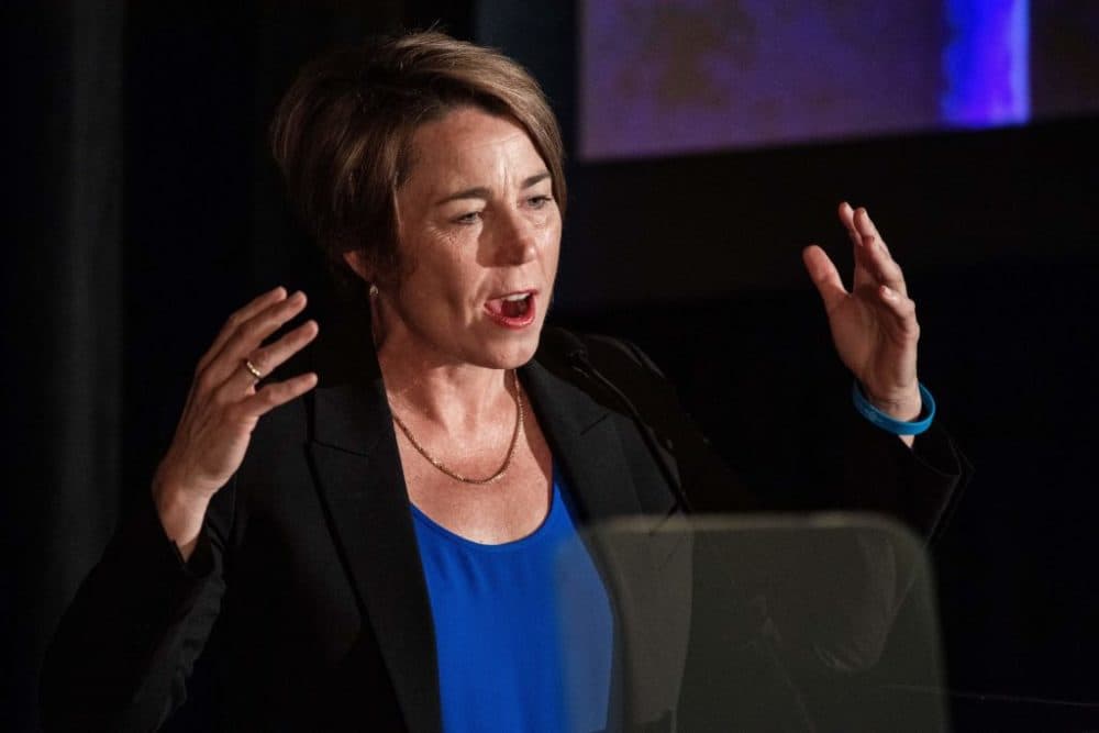 Gov. Maura Healey -- then a gubernatorial candidate -- speaks at the Annual Greater Boston Labor Council Breakfast on Labor Day in Boston on Sept. 5, 2022. (Joseph Prezioso/AFP via Getty Images)