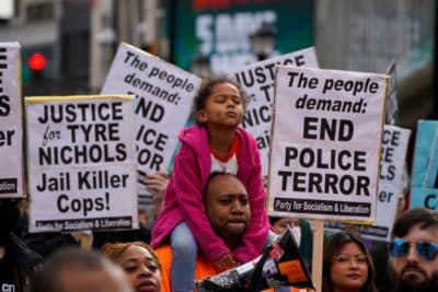 Protesters gather during a rally against the fatal police assault of Tyre Nichols, in Atlanta, Georgia, on January 28, 2023. (CHENEY ORR/AFP via Getty Images)