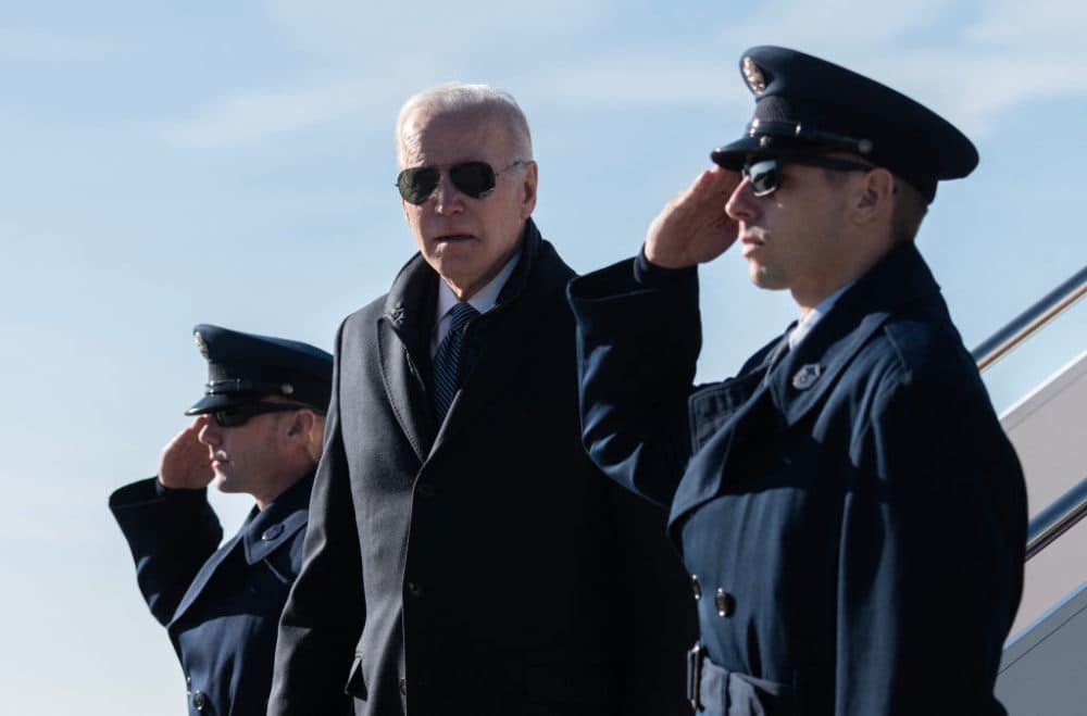 Biden congratulates fighter pilots for taking down a Chinese balloon off the east coast after it spent several days flying over the US. (Andrew Caballero-Reynolds/AFP via Getty Images)