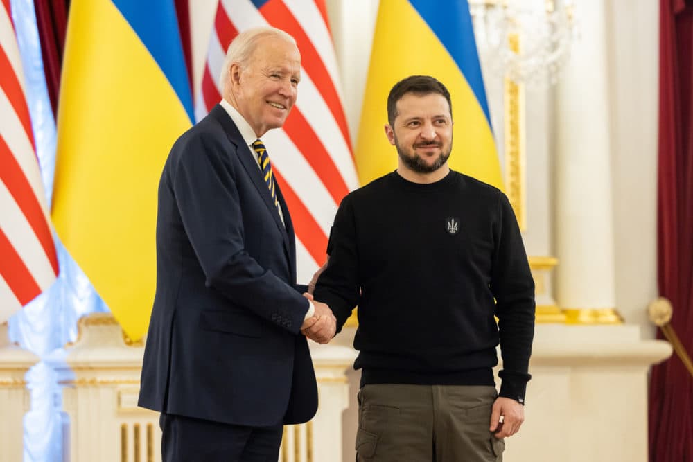 In this handout photo issued by the Ukrainian Presidential Press Office, U.S. President Joe Biden meets with Ukrainian President Volodymyr Zelensky at the Ukrainian presidential palace on Feb. 20, 2023 in Kyiv, Ukraine. The US President made his first visit to Kyiv since Russia's large-scale invasion last Feb 24, 2022. (Photo by Ukrainian Presidential Press Office via Getty Images)