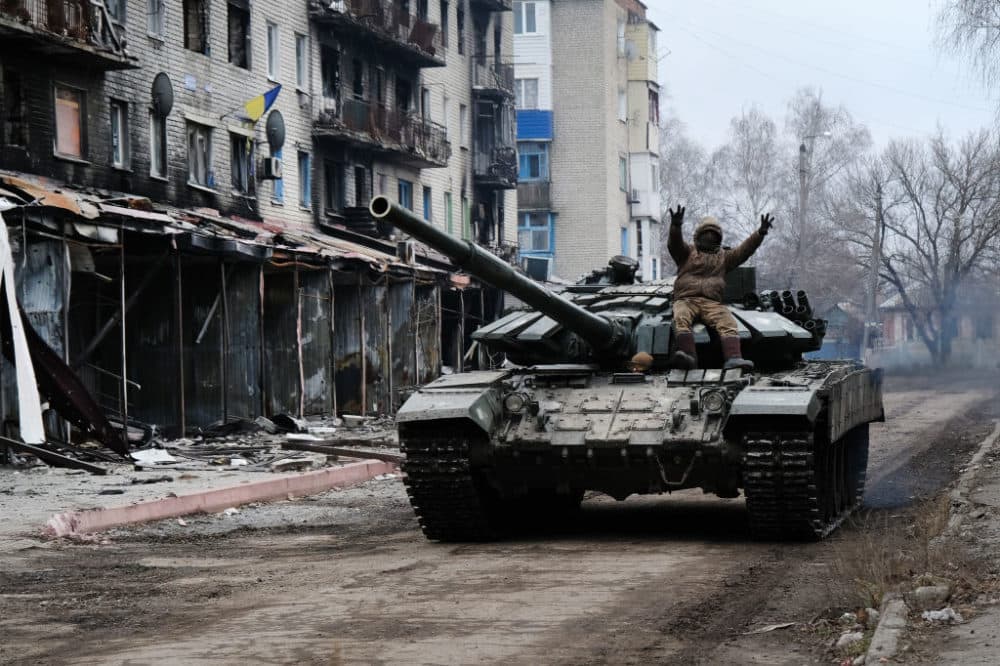 A Ukrainian tank drives down a street in the heavily damaged town of Siversk which is situated near the front lines with Russia on January 21, 2023 in Siversk, Ukraine. Russia has stepped up its offensive in the Donetsk region in the new year, with the region's Kyiv-appointed governor accusing Russia of using scorched-earth tactics. (Photo by Spencer Platt/Getty Images)