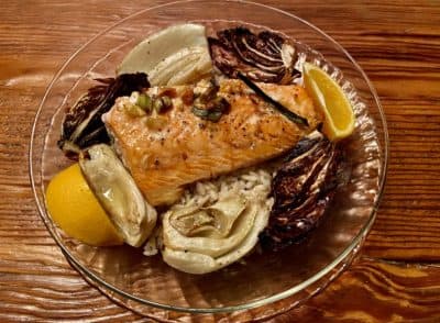 Dinner: Brown rice, salmon, fennel and radicchio bowl with soy-ginger sauce. (Kathy Gunst/Here & Now)