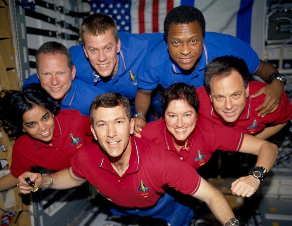 STS-107 Crew (top row l-r ): Mission Specialist 1 David M. Brown, Pilot William C. McCool, Payload Commander Michael P. Anderson (bottom row l-r): Mission Specialist 2 Kalpana Chawla, Commander Rick D. Husband, Mission Specialist 4 Laurel Blair Salton Clark, Payload Specialist 1 Ilan Ramon. (Courtesy of NASA)