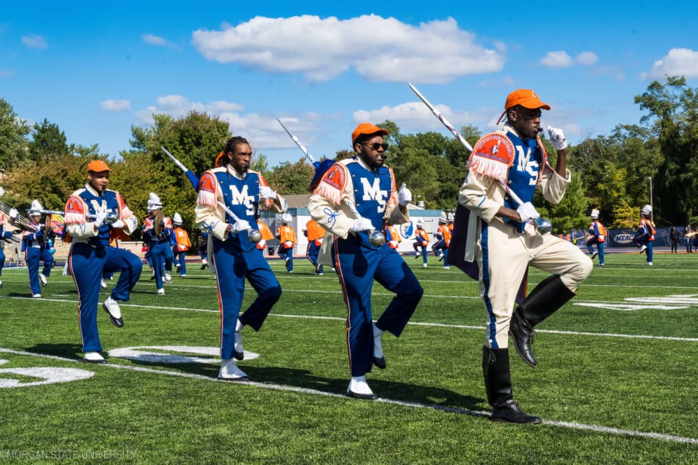 Angel Mitchell (last in line formation) is the first female drum major in decades. (Courtesy of Morgan State University)