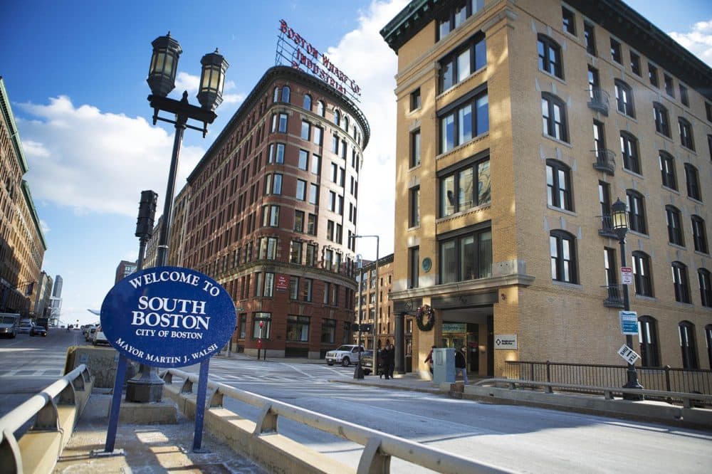 A &quot;Welcome to South Boston&quot; located at 253 Summer Street, right at the edge of South Boston and Fort Point Channel, Jan. 14, 2016. (Jesse Costa/WBUR)